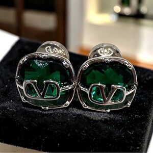 Valentino Garavani Silver-Tone Earrings with Emerald Green Stones